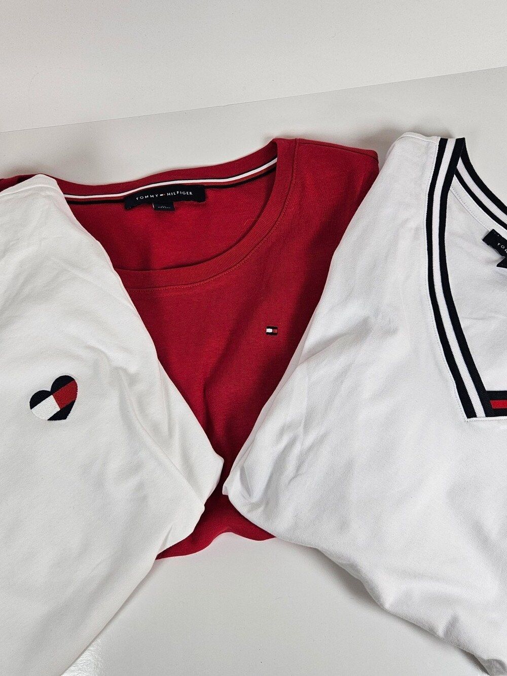 Lot of 3 Tommy Hilfiger V-Neck T-Shirt White Striped Flag Logo Womens Size M